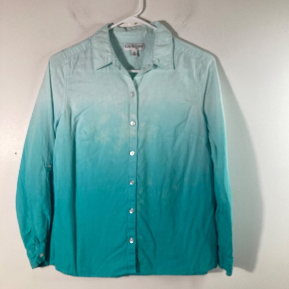 Womens Kim Rogers Linen Blend Button Shirt Ombre Roll Sleeve Green PS Linen Rayo